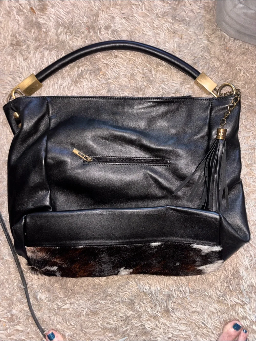 Leather & Cowhide Large Tote Handbag in Black and Brown